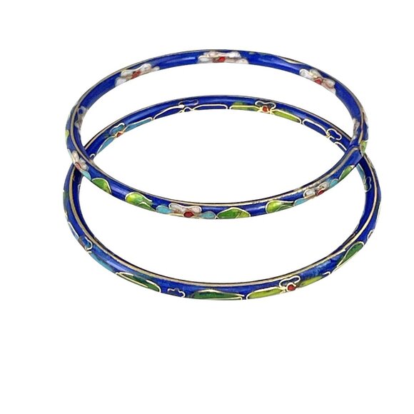 Vintage Cloisonné Enamel Bangles Set Of 2 Blue Floral Design Womens Jewelry - Picture 7 of 8